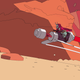 A figure rides a hovering vehicle across desert sands with rock formations in the background.